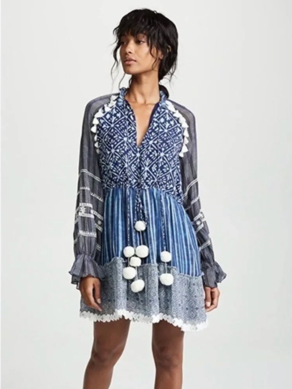 Hemant & Nandita Indigo Blue Print Boho Tassel Long Sleeve Dress